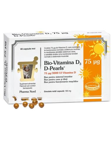 Bio Vitamina D3 3000UI, D-Pearls 75 mcg, 80 capsule, Pharma Nord